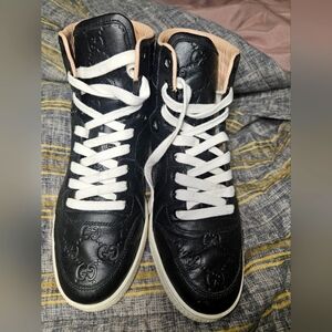 Authentic Gucci  black lo go leather high tops Sz 8.5 NO BOX
